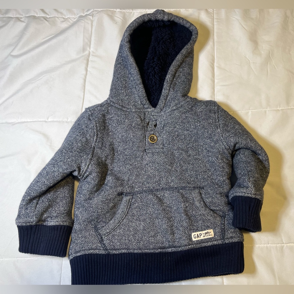 GAP Boys sherpa lined hoodie sweatshirt navy blue marled